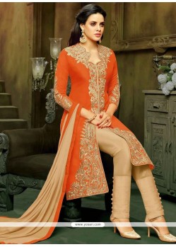 Resham Work Orange Art Silk Pant Style Suit