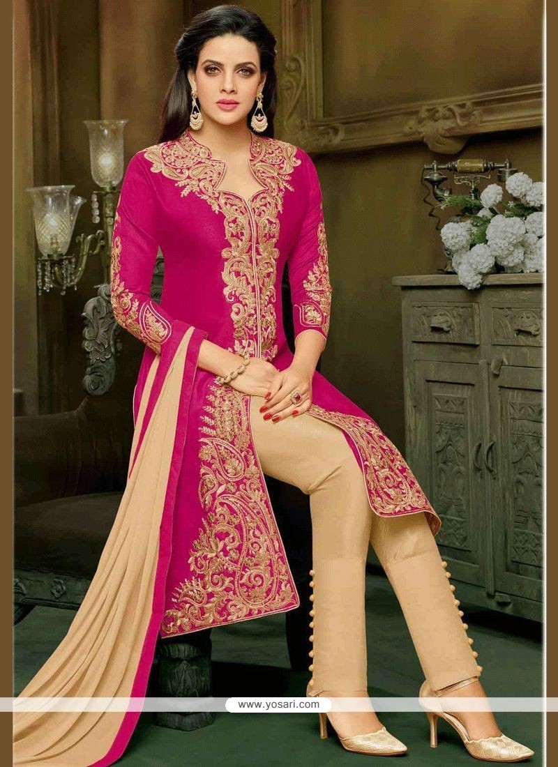 Art Silk Rani Embroidered Work Pant Style Suit