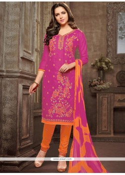Hot Pink And Orange Embroidered Work Cotton Churidar Suit