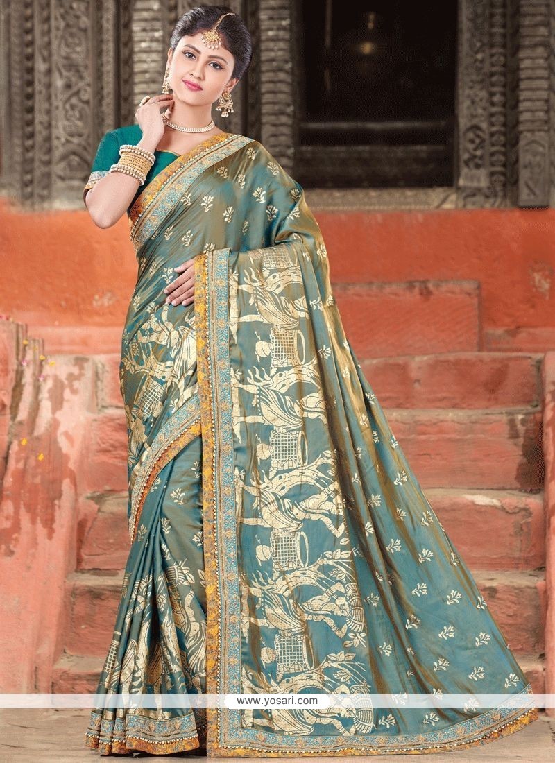 Art Silk Teal Embroidered Work Designer Traditional Saree