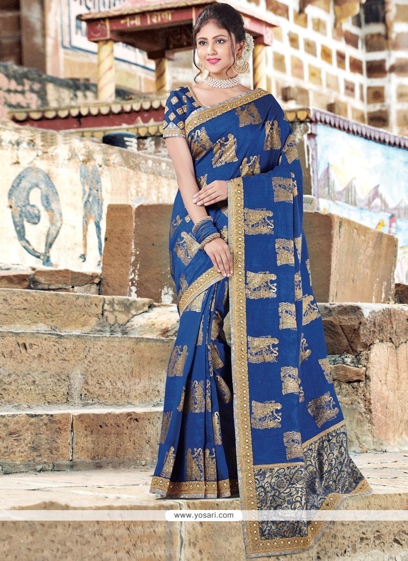 Zari Work Navy Blue Art Silk Traditional Designer Saree
