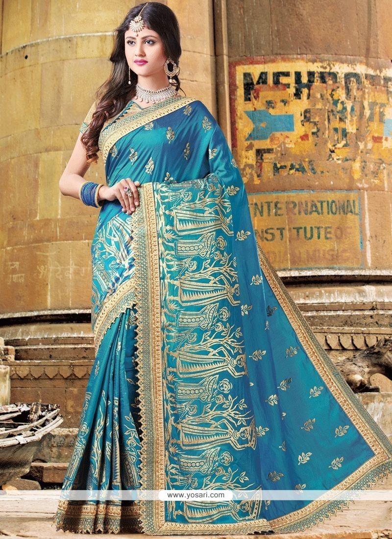 Blue Thread Work Art Silk Designer Traditional Saree