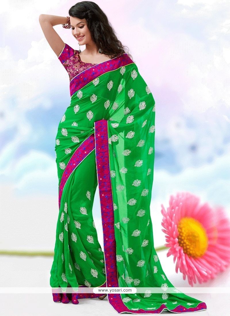 Green Embroidered Work Faux Georgette Classic Saree