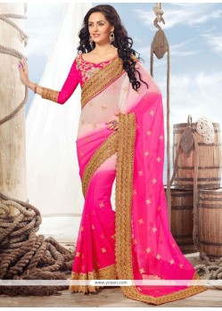 Hot Pink And Pink Embroidered Work Faux Chiffon Shaded Saree