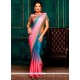 Blue And Pink Patch Border Work Shaded Saree