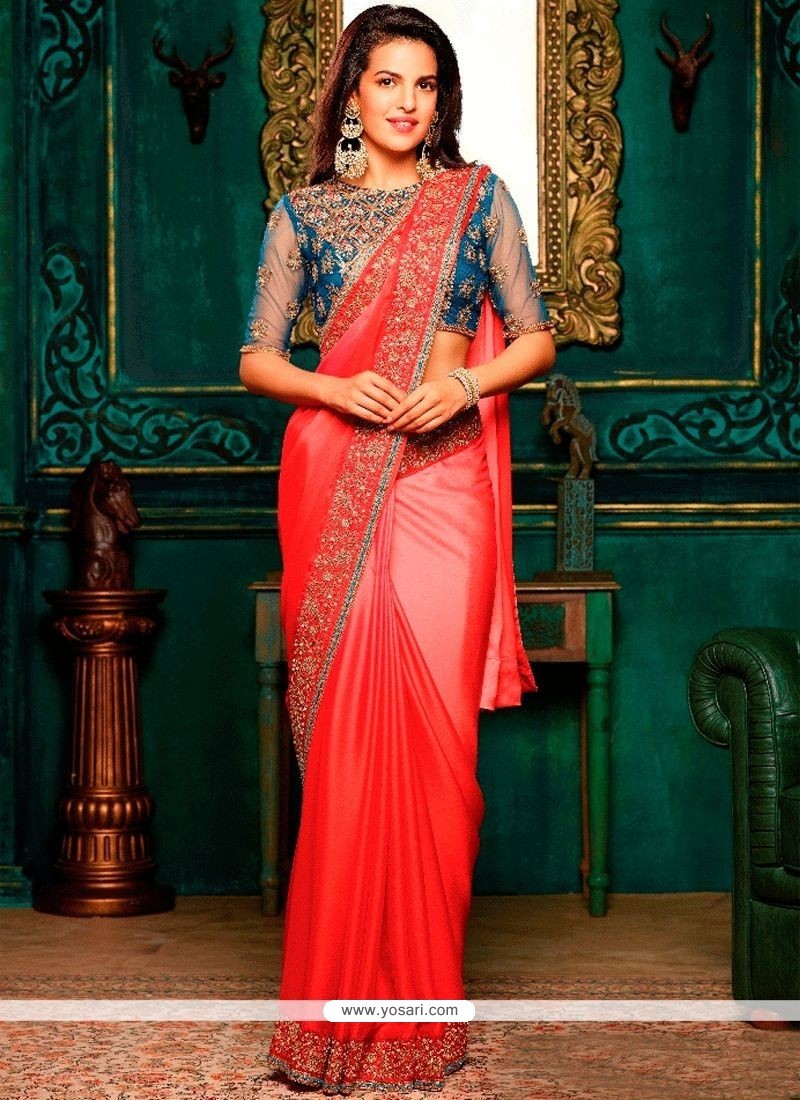 Embroidered Work Pink Fancy Fabric Shaded Saree