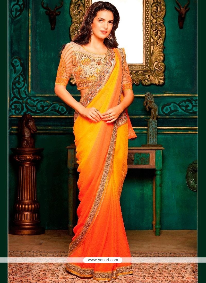 Fancy Fabric Orange And Yellow Shaded Saree