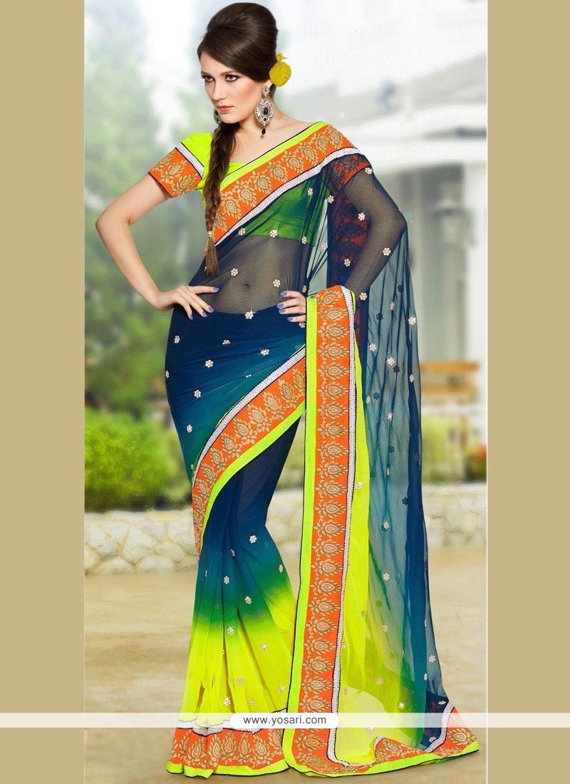 Patch Border Work Navy Blue And Yellow Shaded Saree