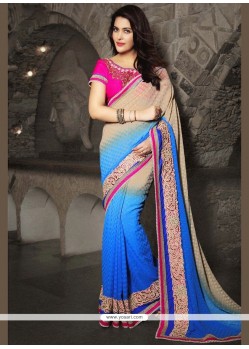 Fancy Fabric Beige And Blue Patch Border Work Shaded Saree