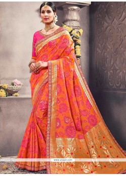 Art Silk Orange And Pink Embroidered Work Designer Traditional Saree