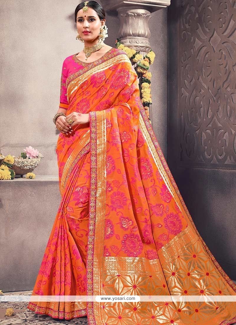 Art Silk Orange And Pink Embroidered Work Designer Traditional Saree