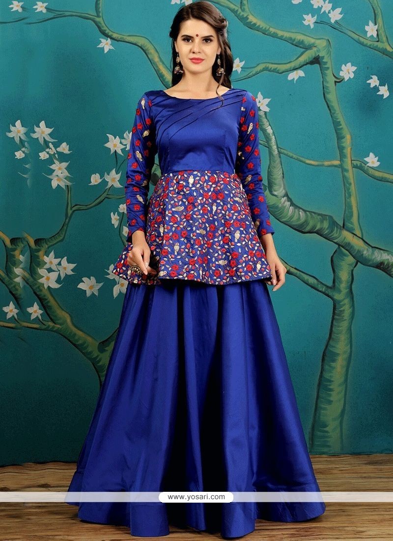 Embroidered Tafeta Silk Readymade Gown In Blue