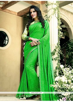 Lace Faux Georgette Printed Saree In Green