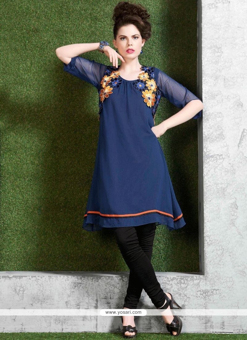 Faux Georgette Navy Blue Embroidered Work Casual Kurti
