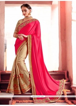 Fancy Fabric Beige And Hot Pink Resham Work Half N Half Designer Saree