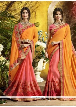 Resham Work Pink And Yellow Designer Half N Half Saree