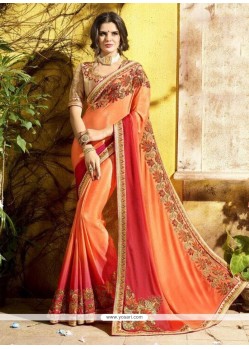 Orange And Red Embroidered Work Shaded Saree