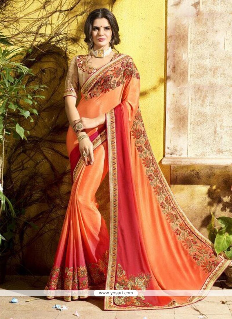 Orange And Red Embroidered Work Shaded Saree