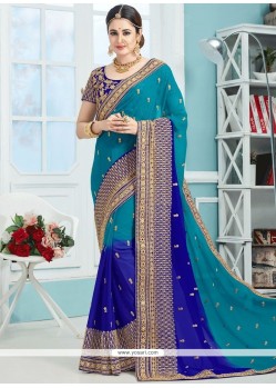 Blue Patch Border Work Faux Chiffon Classic Designer Saree