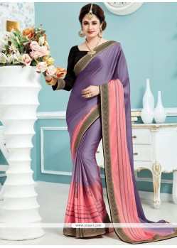 Pink And Purple Embroidered Work Crepe Silk Shaded Saree