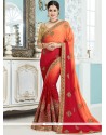 Peach And Red Embroidered Work Shaded Saree