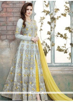 Art Silk Grey And Yellow Floor Length Anarkali Suit