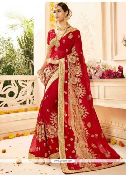 Faux Georgette Red Saree