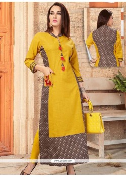 Print Work Yellow Party Wear Kurti