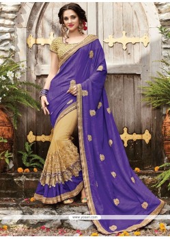 Net Beige And Blue Embroidered Work Designer Half N Half Saree