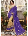 Net Beige And Blue Embroidered Work Designer Half N Half Saree