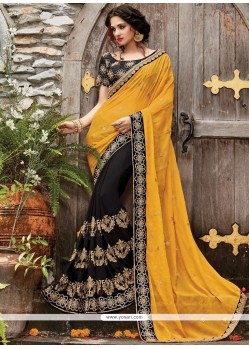 Resham Work Brown And Mustard Half N Half Designer Saree