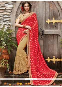 Beige And Red Half N Half Saree