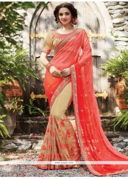 Cream And Orange Embroidered Work Net Designer Half N Half Saree