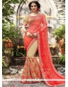 Cream And Orange Embroidered Work Net Designer Half N Half Saree