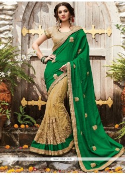 Net Beige And Green Half N Half Trendy Saree