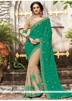 Beige And Sea Green Faux Chiffon Designer Half N Half Saree