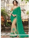 Beige And Sea Green Faux Chiffon Designer Half N Half Saree