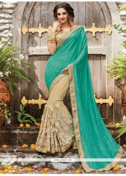 Net Cream And Sea Green Half N Half Saree