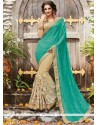 Net Cream And Sea Green Half N Half Saree