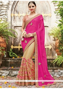 Beige And Hot Pink Net Designer Half N Half Saree