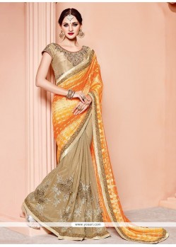 Art Silk Beige And Orange Designer Half N Half Saree