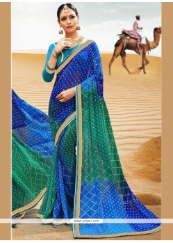 Lace Work Blue And Green Printed Saree