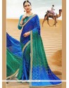 Lace Work Blue And Green Printed Saree