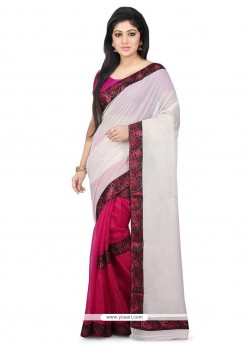 Art Silk Beige And Magenta Embroidered Work Designer Half N Half Saree