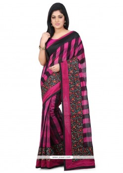 Art Silk Black And Hot Pink Print Work Designer Saree