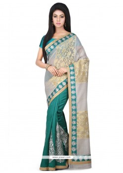 Art Silk Beige And Green Embroidered Work Half N Half Designer Saree