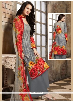 Grey Print Work Cotton Palazzo Suit