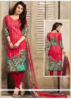 Print Work Rose Pink Cotton Churidar Suit