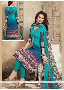 Blue Print Work Cotton Churidar Suit