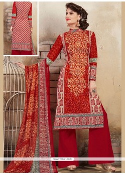 Red Print Work Palazzo Suit